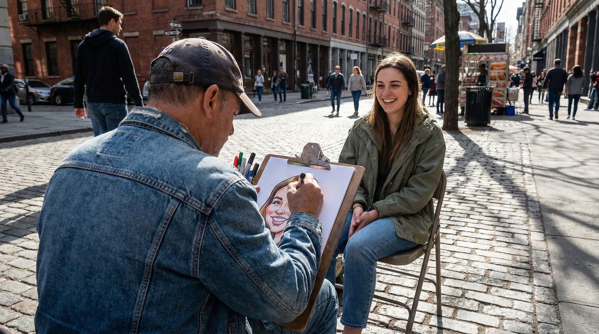 AI generated: A realistic candid street photography scene of a caricature artist drawing a portrait of a young wom...