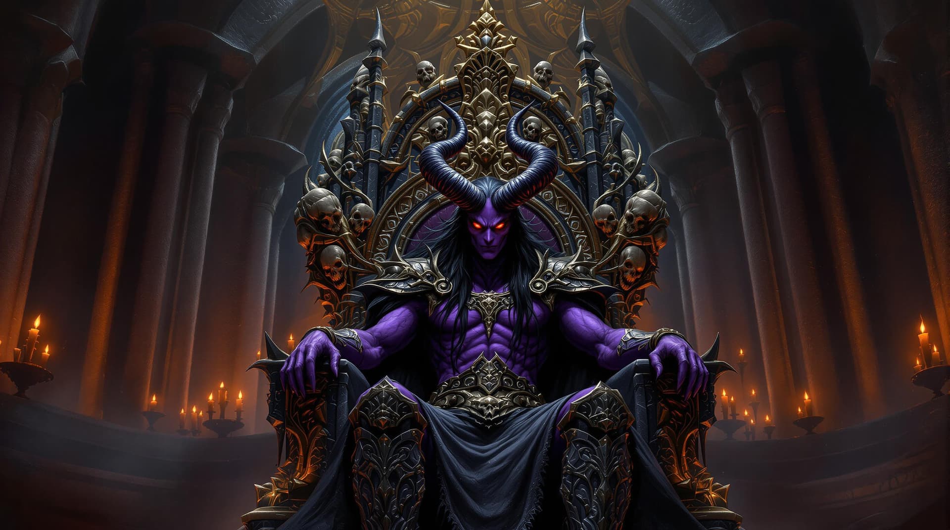 AI generated: In a dimly lit, gothic throne room filled with towering stone arches and flickering candles, a power...