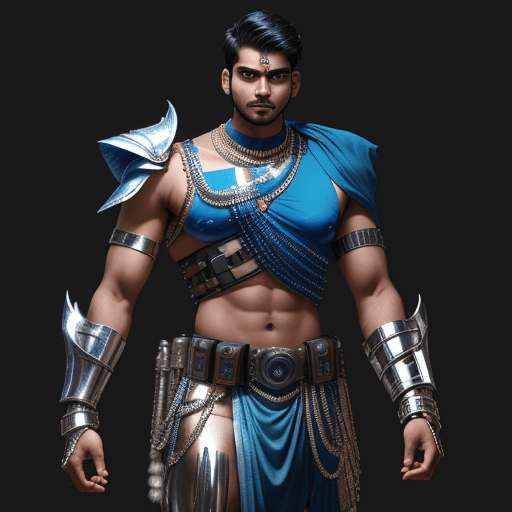 AI generated:  indian male age 26, broad shouldered, very muscular, 2 meters tall , chrome metal  skin arms,  blue...