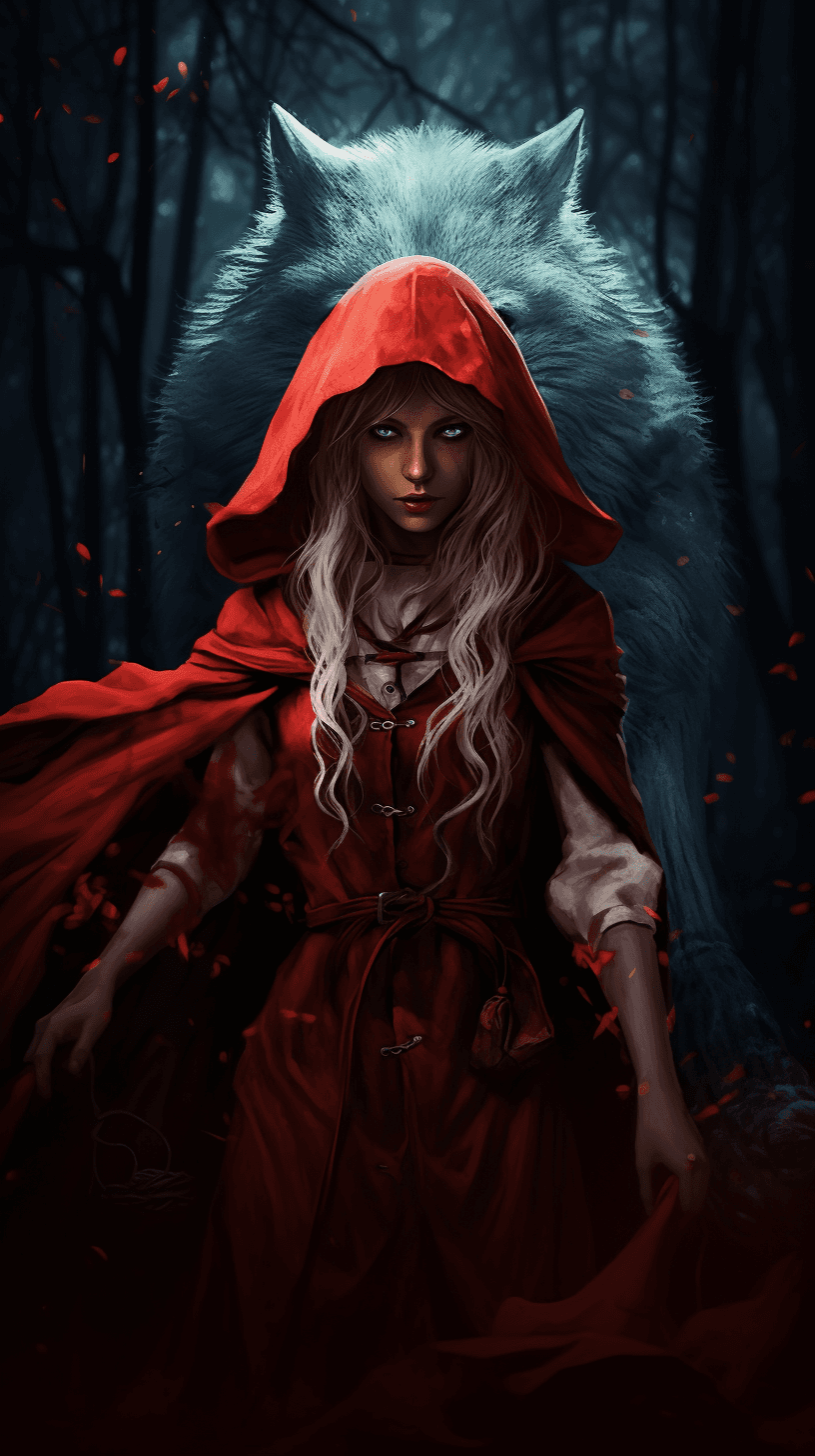 AI generated: A female hunter with blonde braided hair, dressed in a red cloak, holding a wolf's head in a basket....
