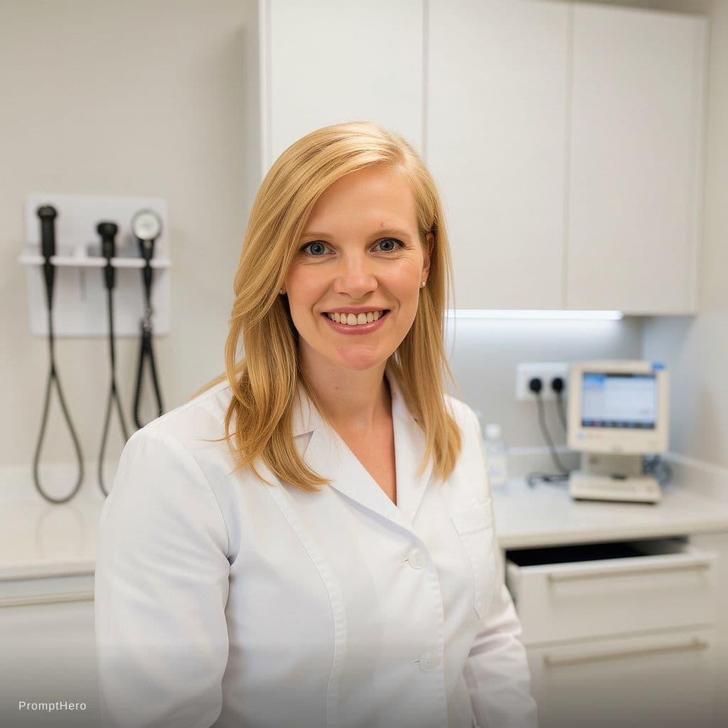 AI generated: a female doctor with long blonde hair, wearing a short, tight white lab coat showing her black bra, ...