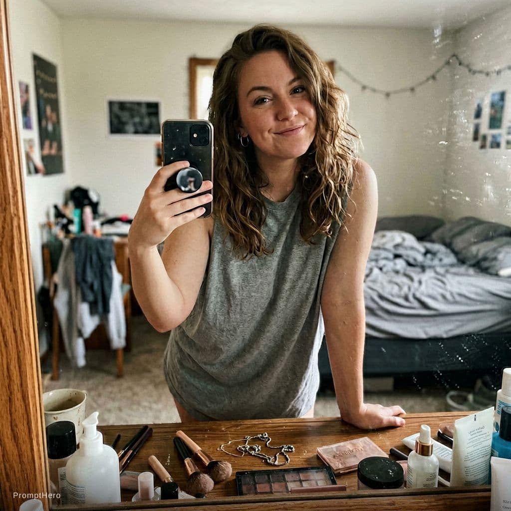 AI generated: A 22 year old white woman takes a mirror selfie in a messy bedroom.

The woman has her phone in one ...