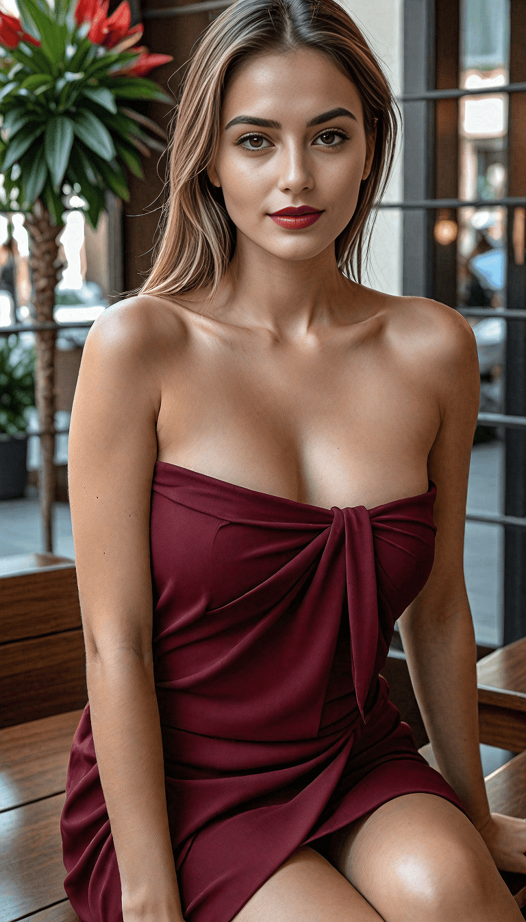 AI generated: A woman with long blonde hair sits in a modern café, wearing a maroon, strapless dress. She leans sl...