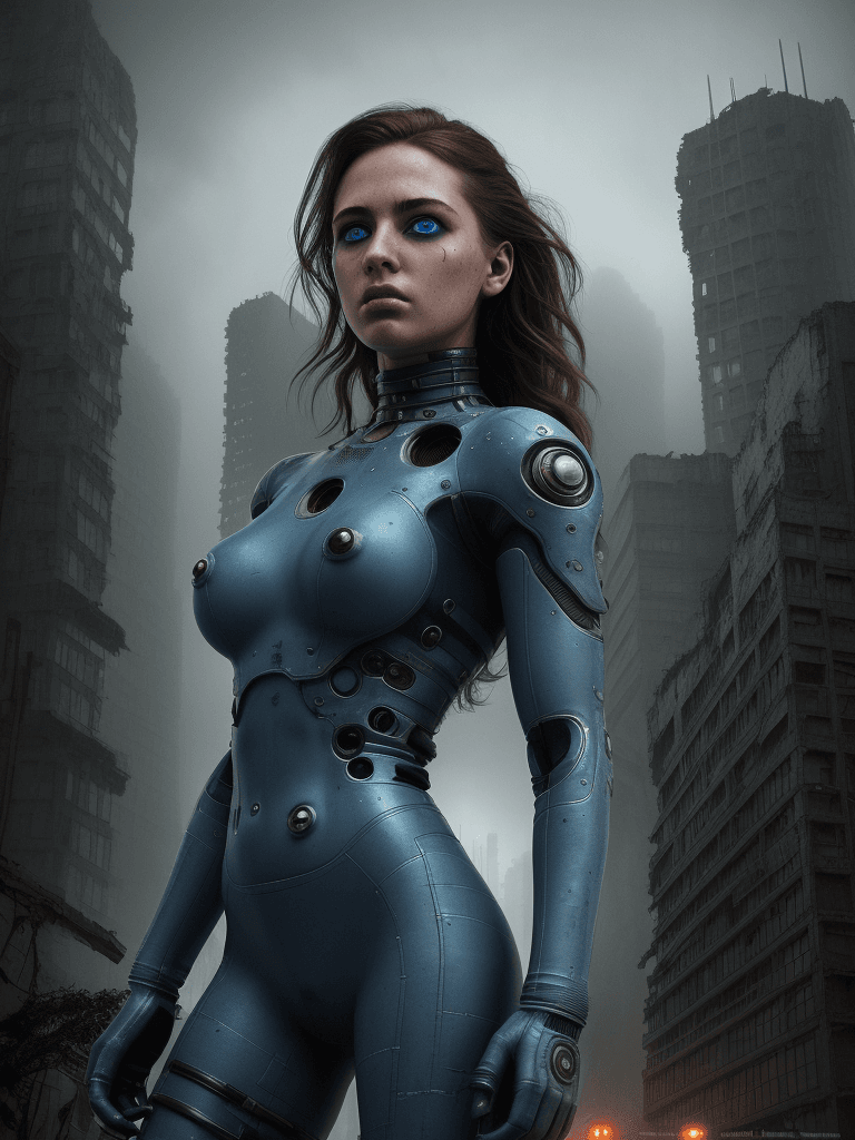 AI generated: front view, upper body, retro technology and detailed body, blue eye detailed, hair detailed, tech s...