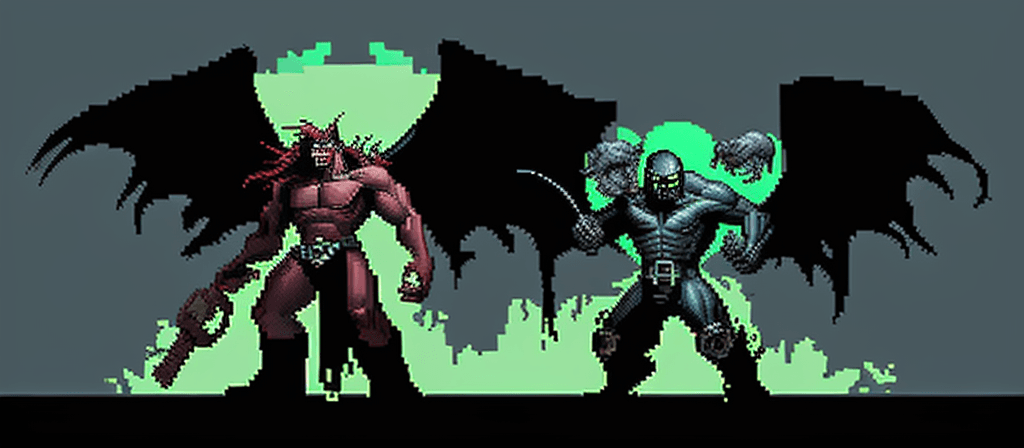AI generated:   Death Angels + The Alien + Werewolf+ pixel art banner + pixel art style + cover art style + ilustr...