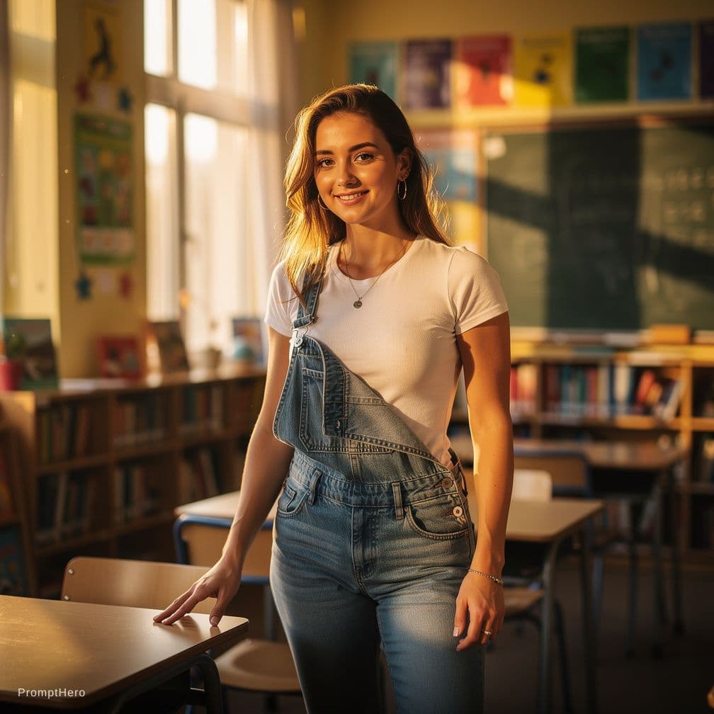 AI generated: full body portrait, fit and toned body, teenage high school girl wearing denim overalls with no bra,...
