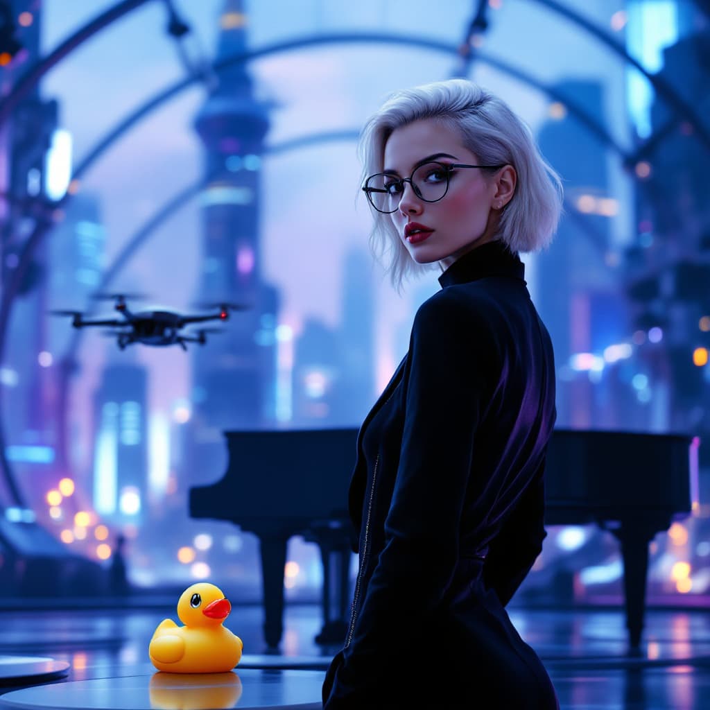 AI generated: A female concert pianist with platinum hair and glasses stands in a futuristic transparent domed cit...