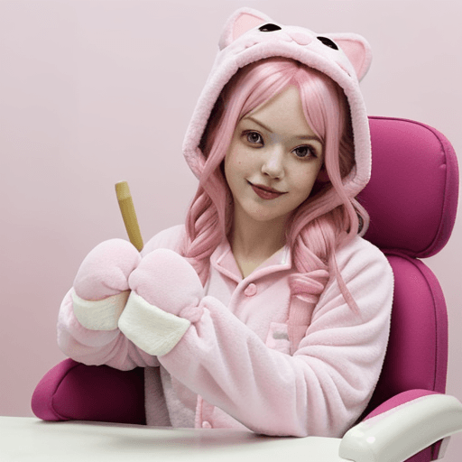 AI generated: pink haired girl wearing pink onesie pajamas and pink mittens, in high chair