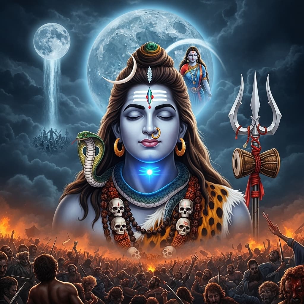 AI generated: Add Make realistic shiv ji with Moon, serpent, rudraksh, ganga mata, garland of skulls One Trishul S...