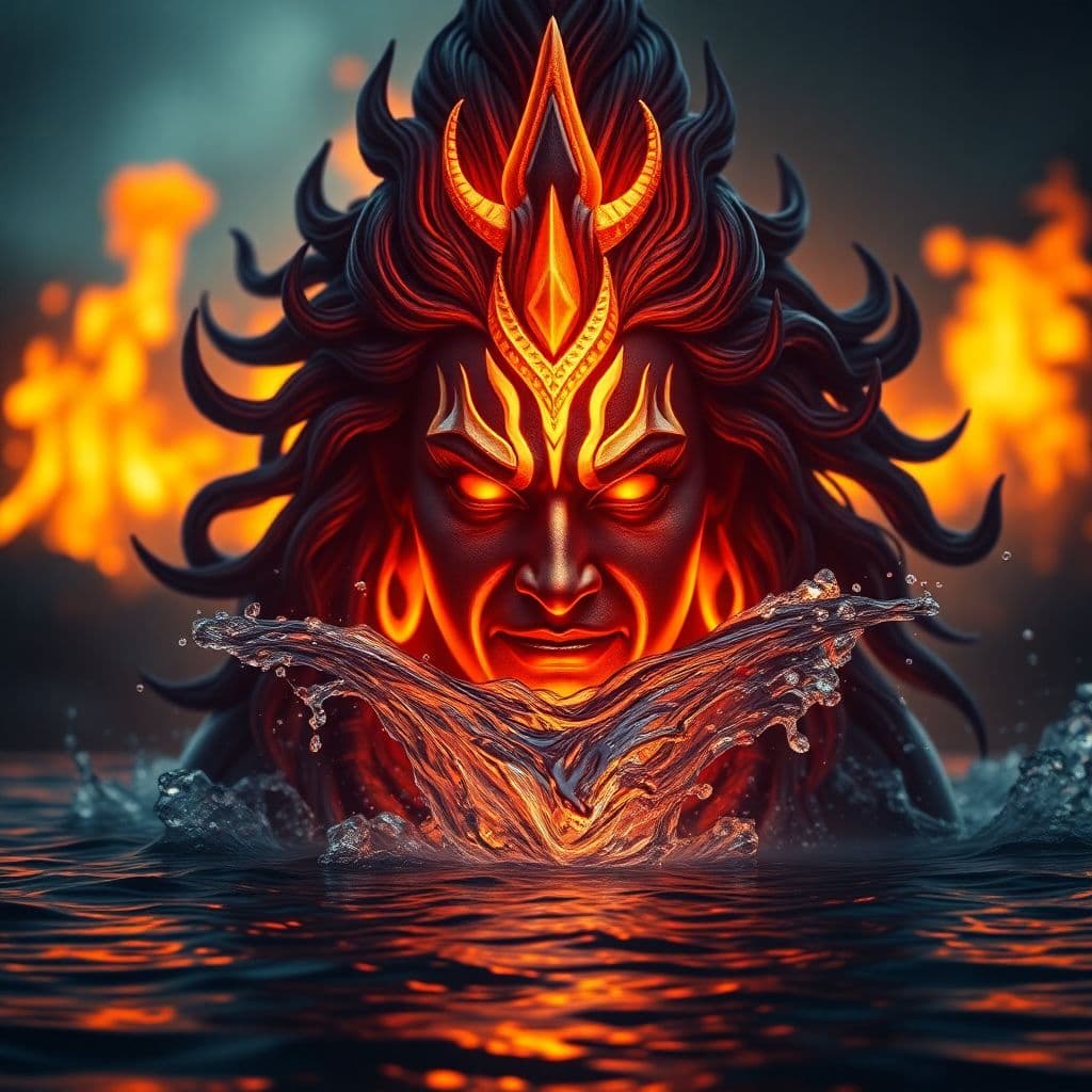 AI generated: POWERFUL scary look Lord Shiva made of water, fire background hyperdetailed, great photo, contrastin...