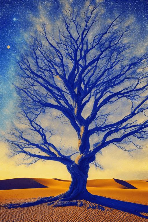 AI generated: Fantastic tree, Blue illumination, Long trunk, Leaves on top of the tree, Divine light, Starry night...