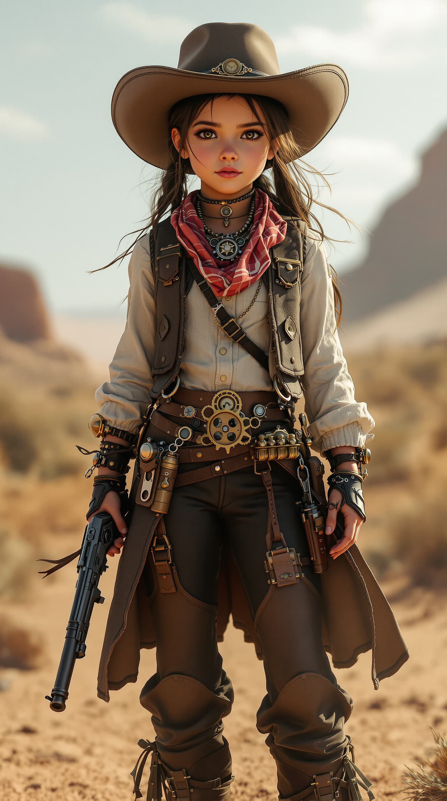 AI generated: A hyper-realistic depiction of a age 7 Jenna Ortega playing the role of a steampunk gun slinger, dre...