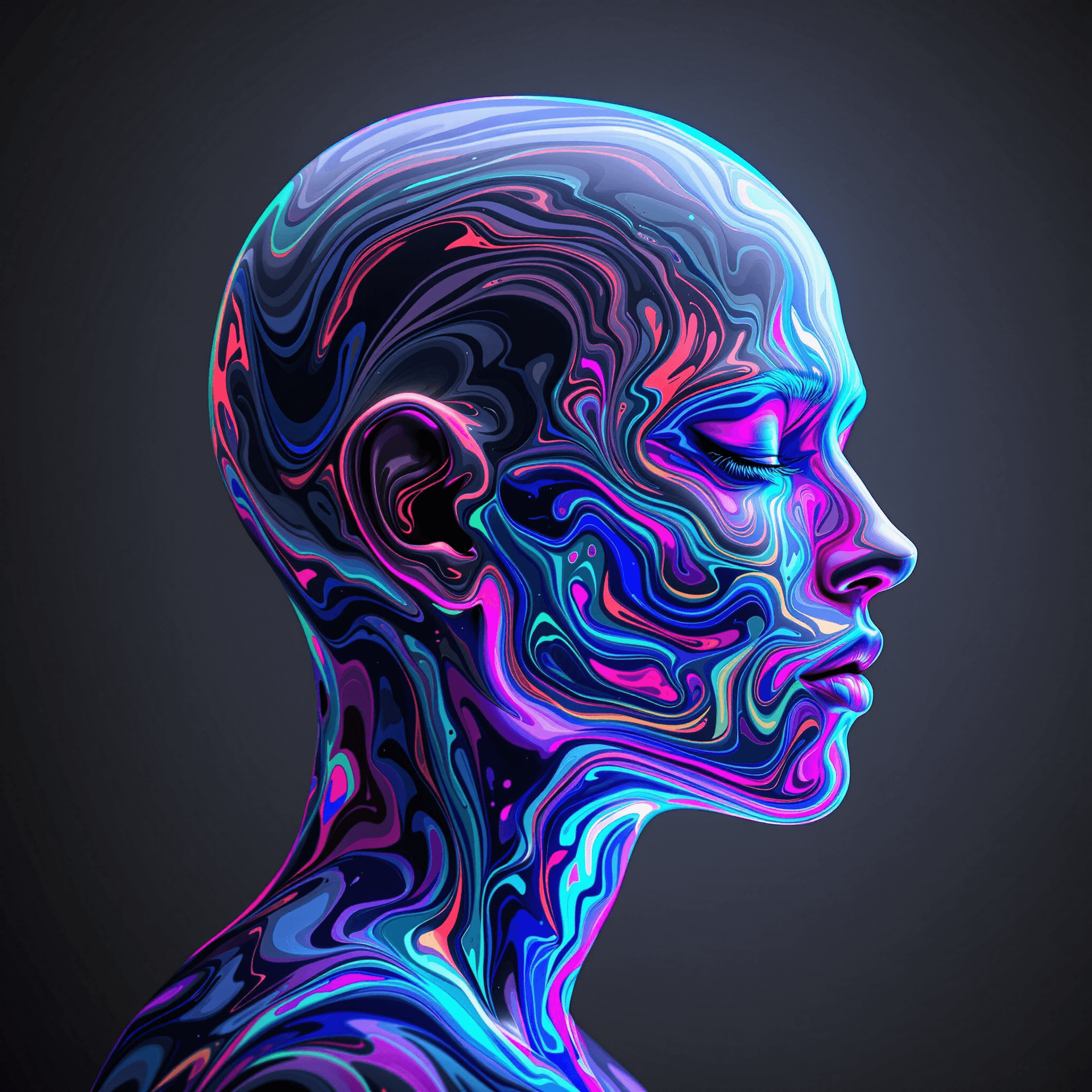 AI generated: a dreamlike, high-contrast, vibrant, flat-side-profile view of a glowing, bald, genderless, humanoid...