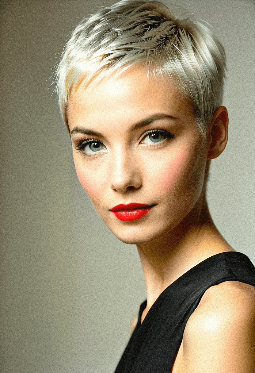 AI generated: 7:1. 3) year old (woman:1. 1) with (silver:1. 2) (pixie cut:1. 1), in a (bold:1. 1) (pose:1. 1) agai...