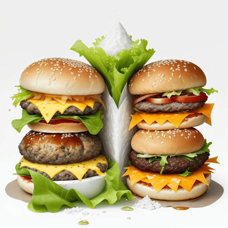 AI generated: Flying food photography with [Two Burgers] as the main subject, Splashes of Toppings and Seasonings,...