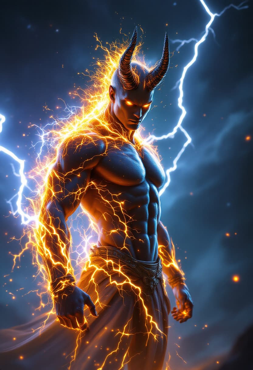 AI generated: God of Fire Lightning and Electricity full-body, Etherial, muscular, charcoal colored skin, Glowing ...
