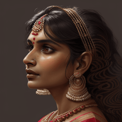AI generated: Stunning portrait of Indian woman wearing a sari, side angle, beautiful highly detailed face, in the...