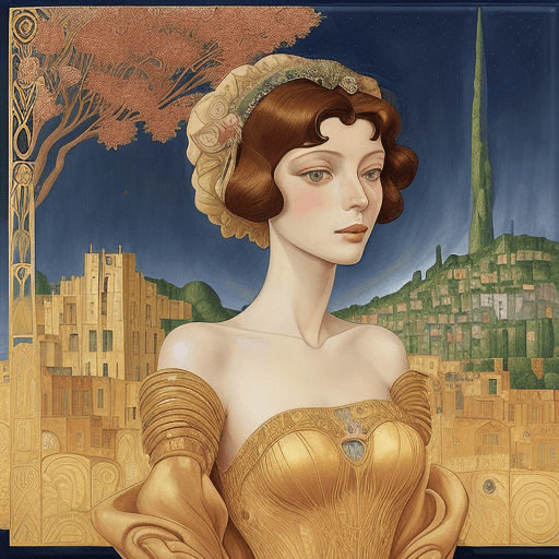 AI generated: portrait of a Beautiful sensual woman in elegant floreal dress in Art Deco by Annigoni, Egon Schiele...