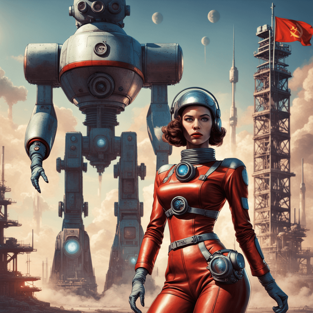AI generated: USSR First in Space magazine cover photo, ultra modern space girl of the future from USSR, USSR flag...