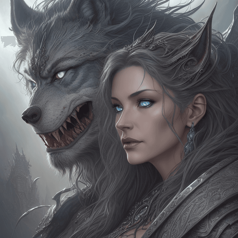 AI generated: A stunningly intricate close up portrait of a couple with a grey werewolf with blue eyes, (((luis ro...