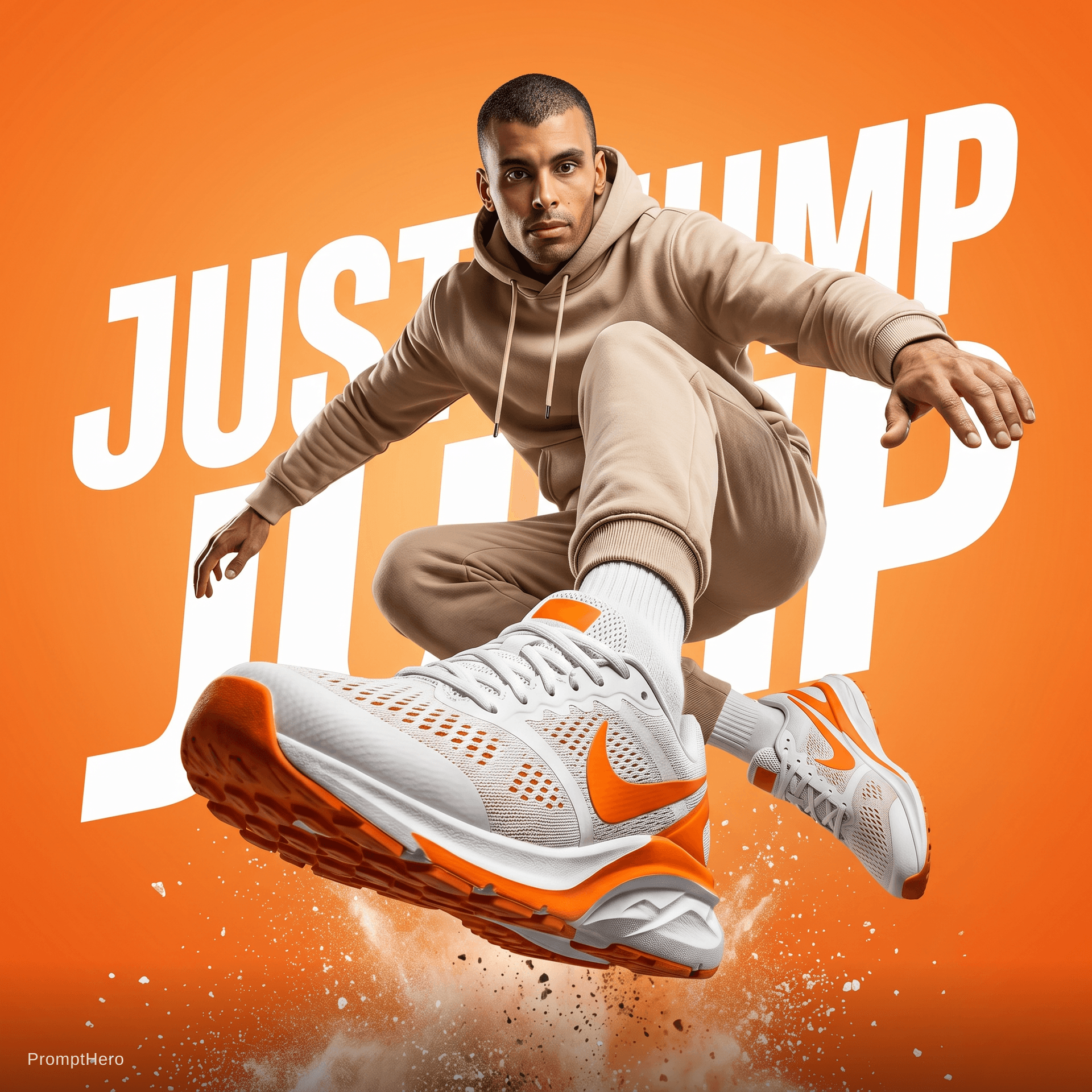AI generated: A dynamic sportswear advertisement featuring a young athletic male model captured mid-air in an expl...