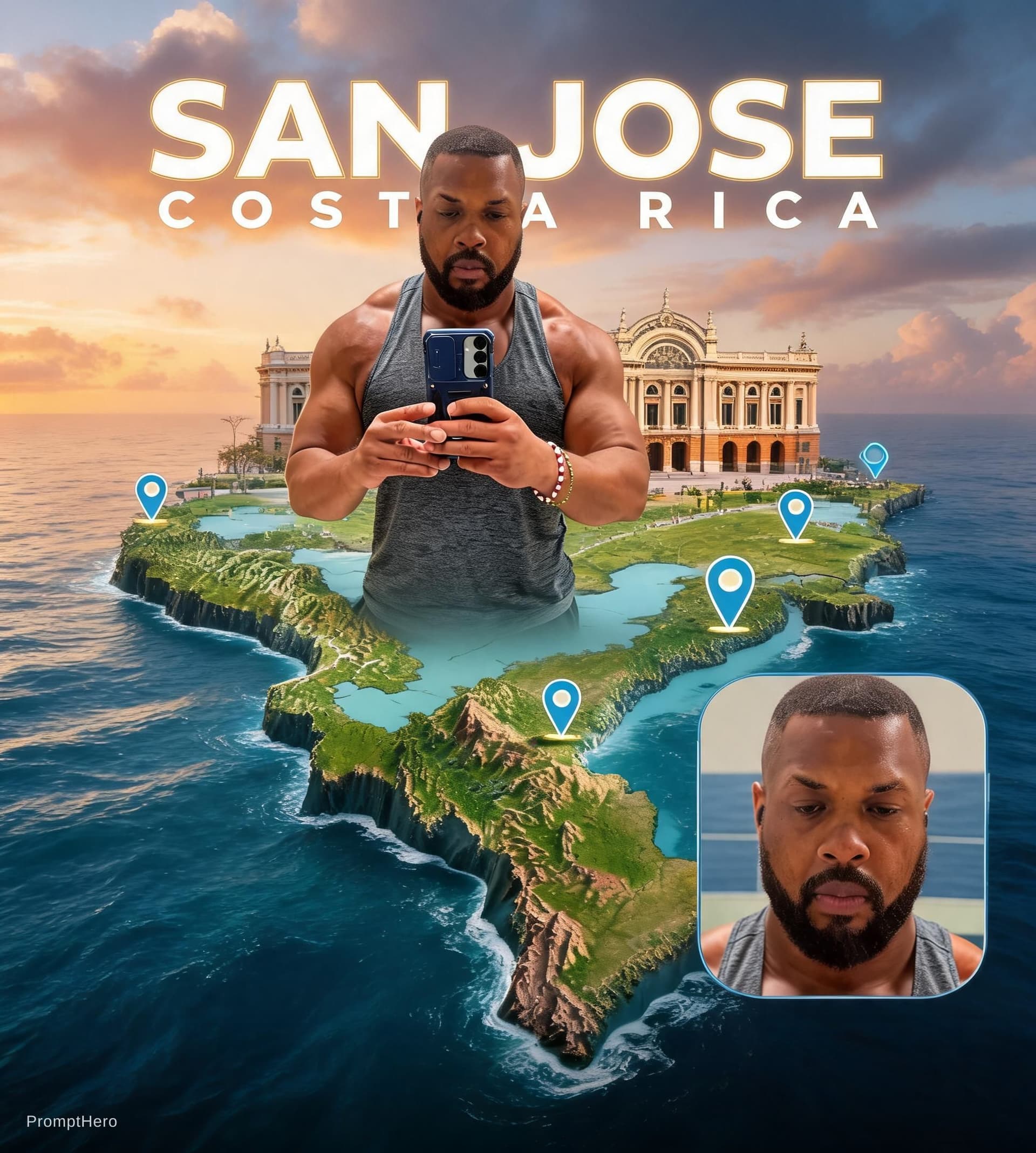 AI generated: Create a cinematic travel-poster style image using the uploaded person photo and the city name I pro...