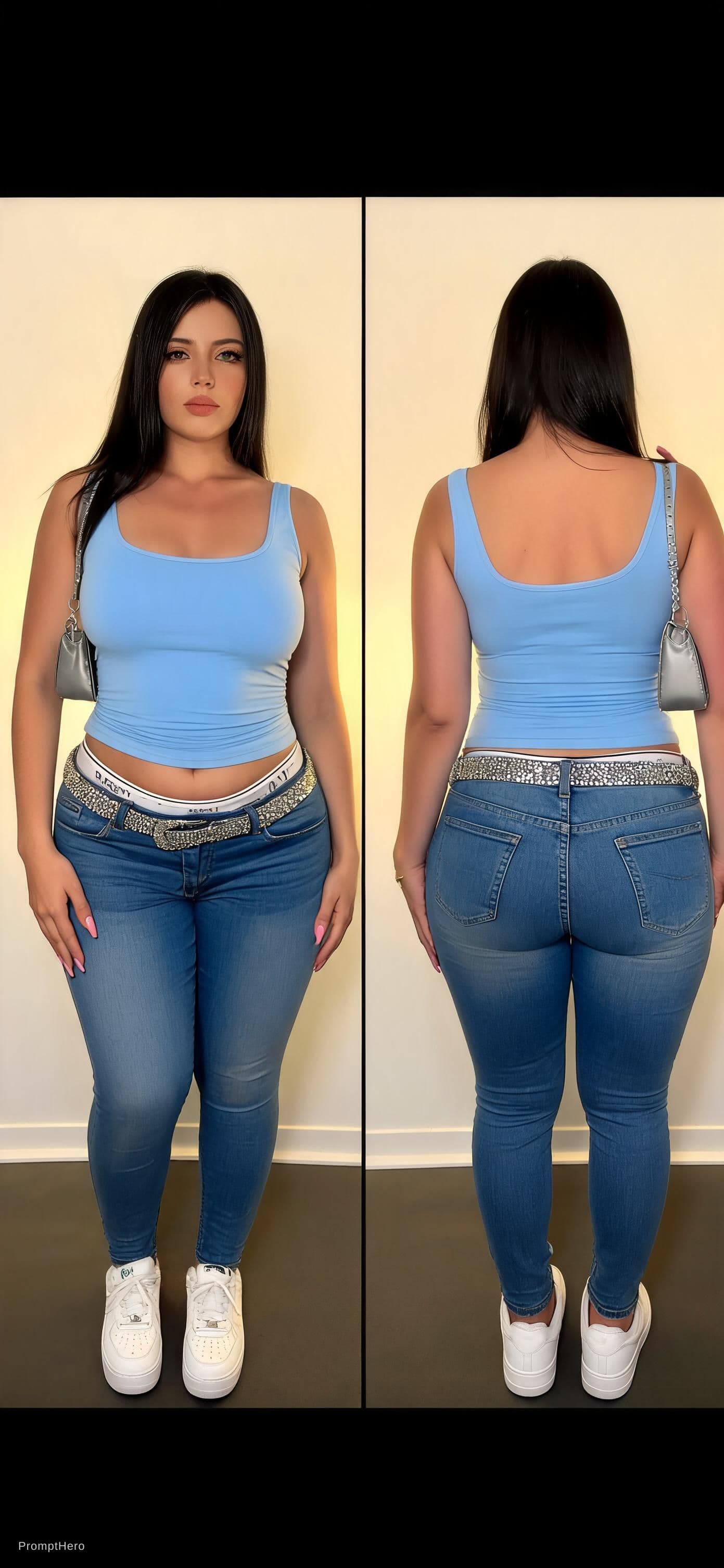 AI generated: size image, white sneakers,soft thighs, thigt jeans pants,Garage Sleek Scoop Cami long Top Sky Blue,...