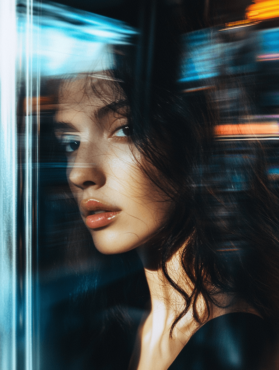 AI generated: A blurry photograph of an attractive woman standing on the subway, her reflection visible in the tra...