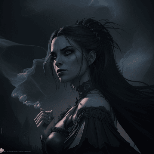 AI generated: (character of video game 1:3)::2 royal, darkness, long windblown, Magic the gathering, vibrant contr...