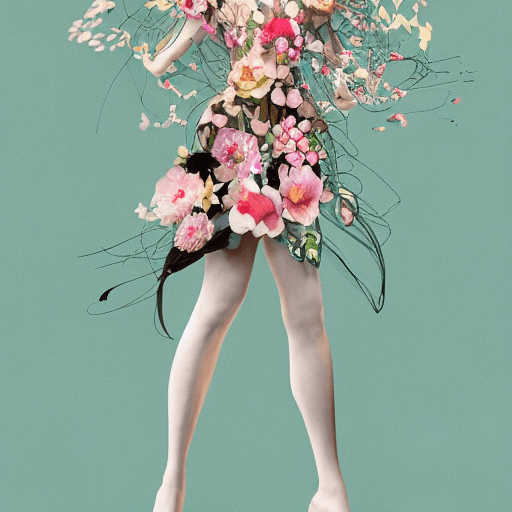 AI generated: : a full length dress looks like flower in the style of a fashion sketch, botanical, art abstract , ...
