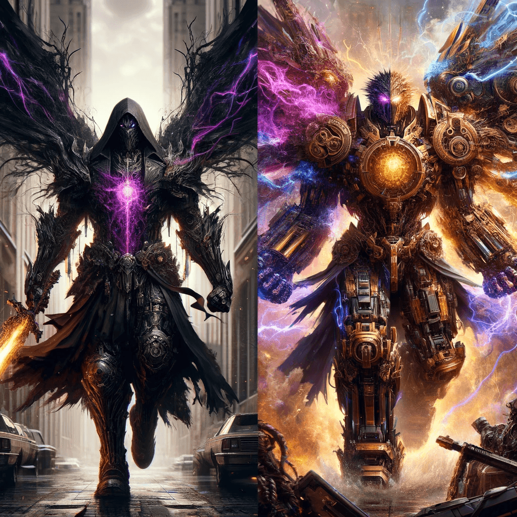 AI generated: Create one hyper-realistic character. The first character should exude a dark and powerful aura,-(Pr...