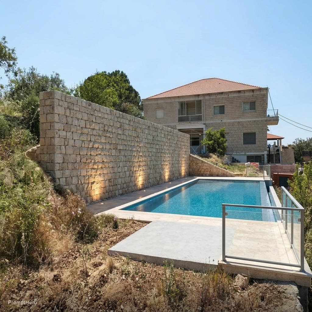 AI generated: Pool with stone cut wall on the left side of the photo taller than the original height for privacy w...
