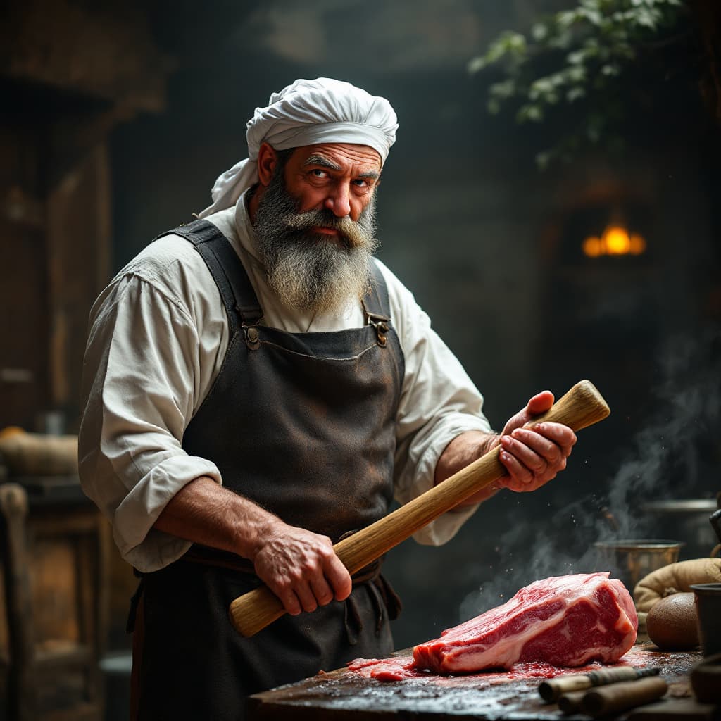 AI generated: Middle Ages, normal and friendly looking butcher with axe, no background, while working, completely ...