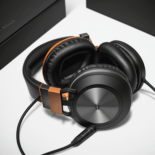 AI generated: headphones in plastic and leather materials, with bang and olufsen look&feel.
