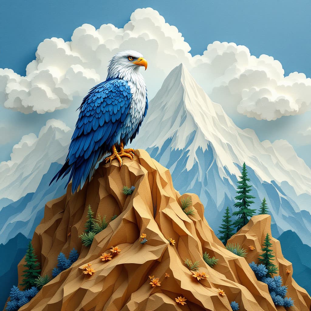 AI generated: 3d rendering, front view, beautiful animals of eagle, standing top of mountain, paper work for a tac...
