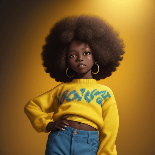 AI generated: 1 child 10 years old , happy, dark skin tone, afro hair, yellow sweater, yellow and cyan tone, 1970,...