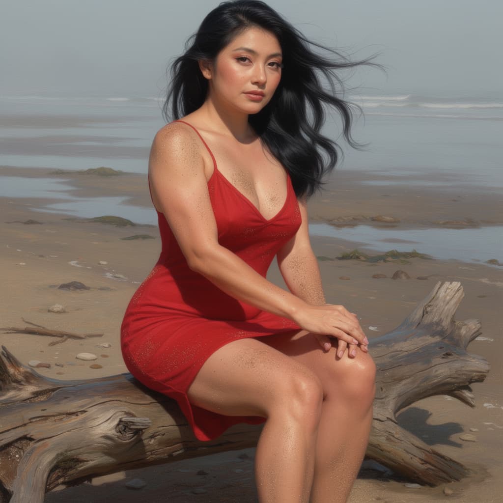 AI generated: A tall, sculpted young female with glossy black hair in soft waves rests on a gnarled driftwood log,...