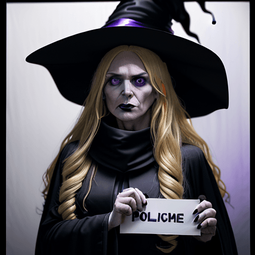 AI generated: A surprised woman with long blonde hair dressed as a witch with a hat, wearing a black robe with an ...