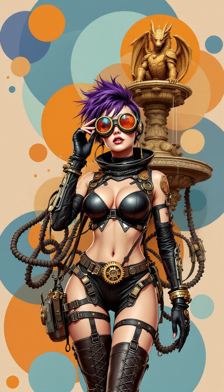 AI generated: Image is a digital illustration featuring a futuristic, steampunk-inspired character. The layout is ...