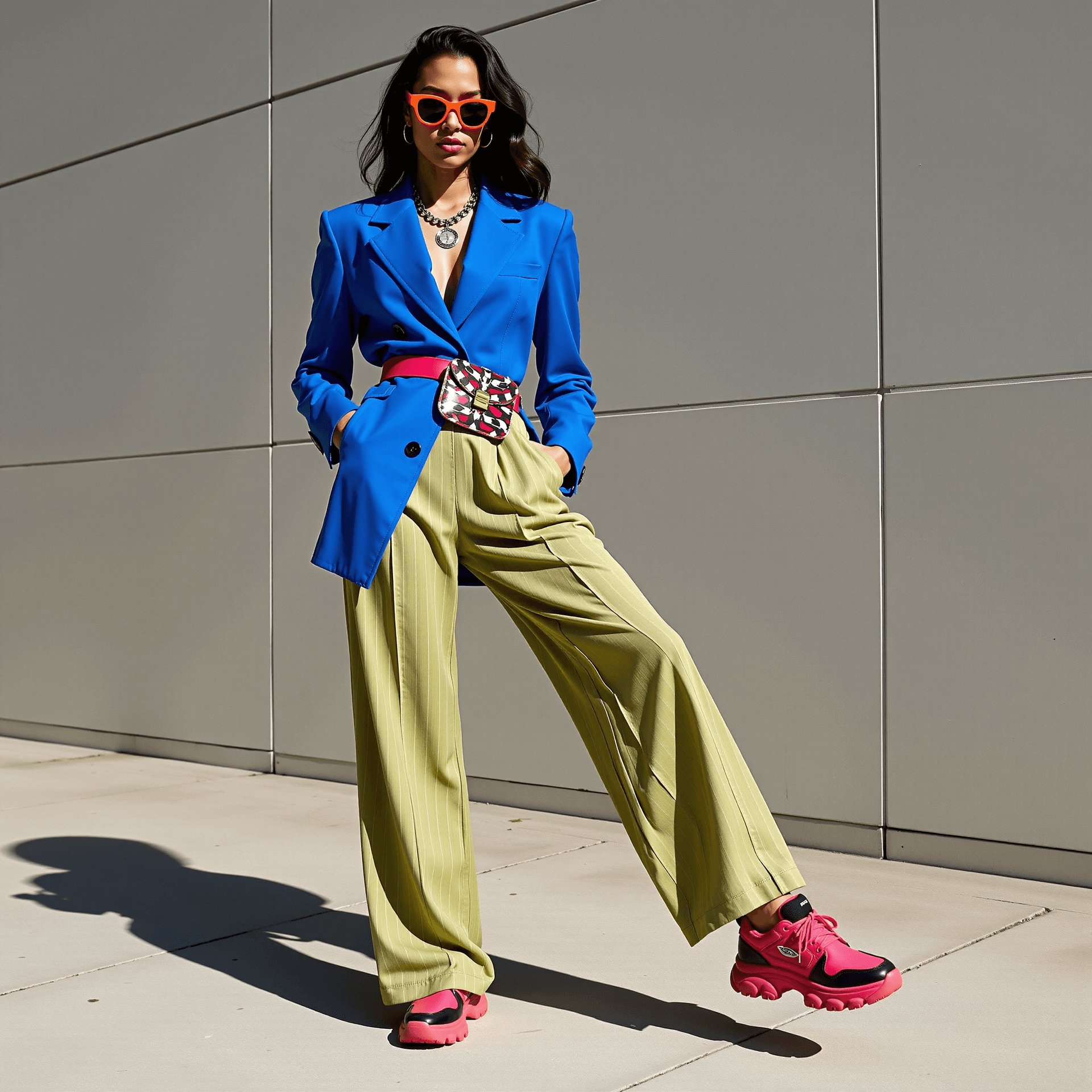 AI generated: A high-fashion glamour photo featuring a model in bold, vibrant streetwear, embodying the essence of...