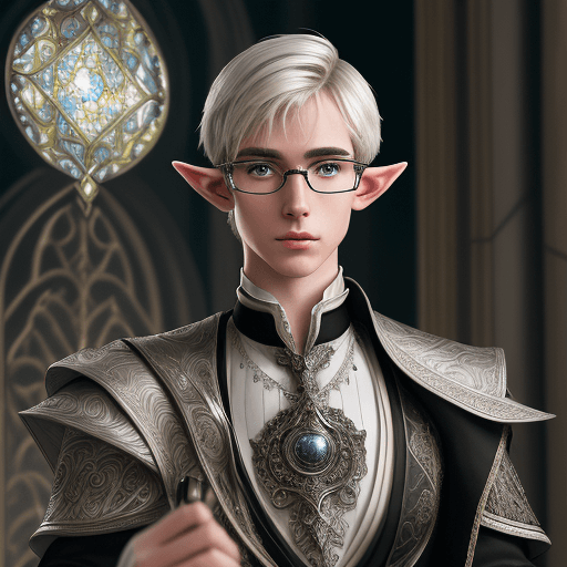 AI generated: A pompous male elf archivist with thin glasses  and with short blond hair wearing ornate clothes of ...
