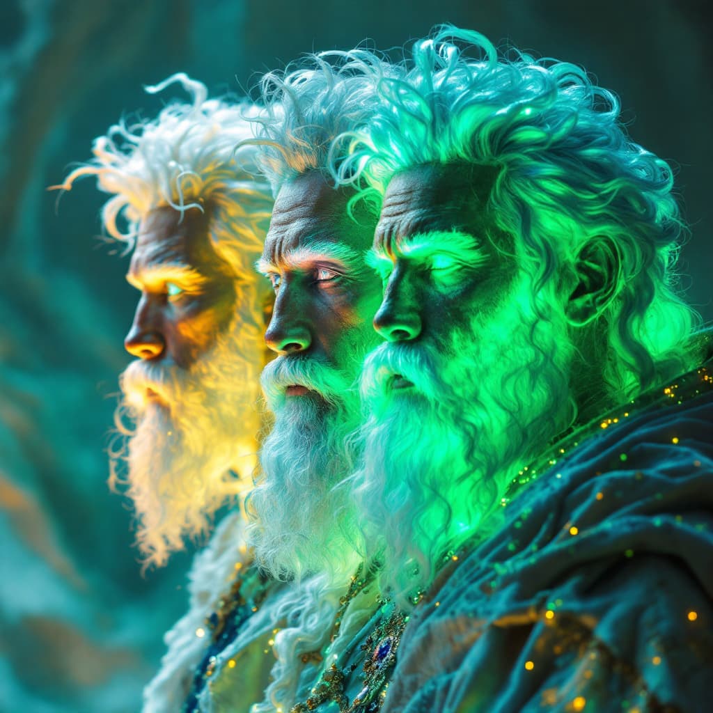 AI generated: Retrato etéreo de LOS TRES REYES MAGOS UNO PELO BLANCO BARBA BLANCA , DOS PELO AFRO PIEL OBSCURA Y T...