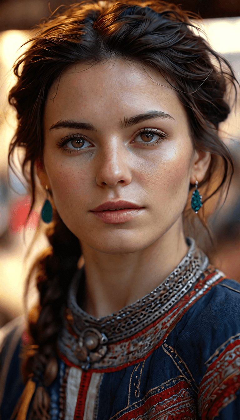 AI generated: A portrait of a latin woman with a soft gaze to the left, dark wavy hair with a side braid, teardrop...