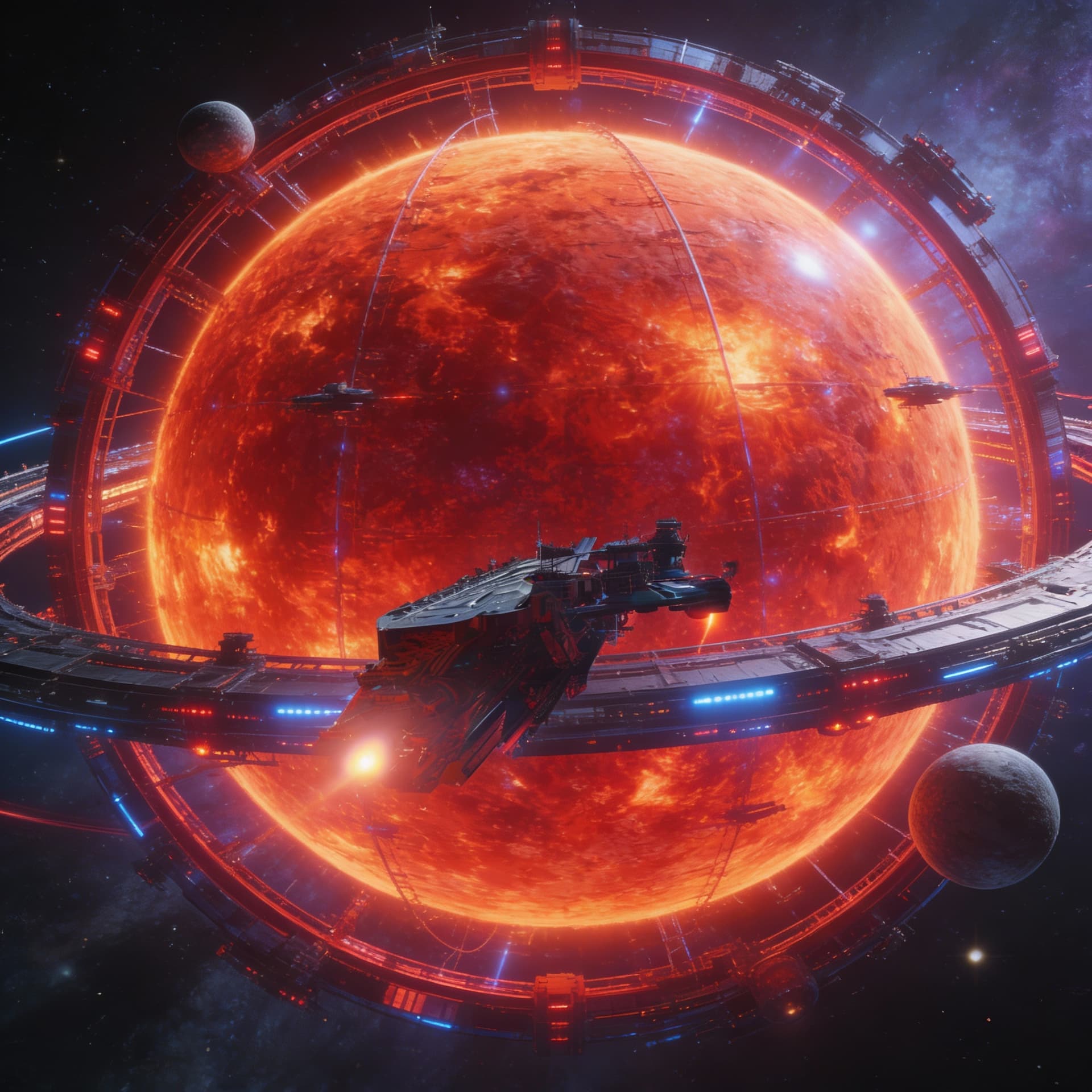 AI generated: Use the Reference Image to imagine, in detail, an alien Starship manufacturing Dyson’s Sphere.  Alte...