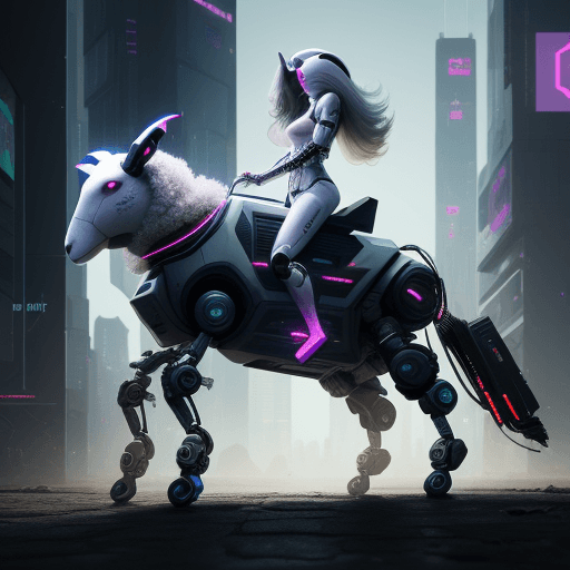 AI generated: A robotic sheep riding a horse. carrot on a stick. cyberpunk. 