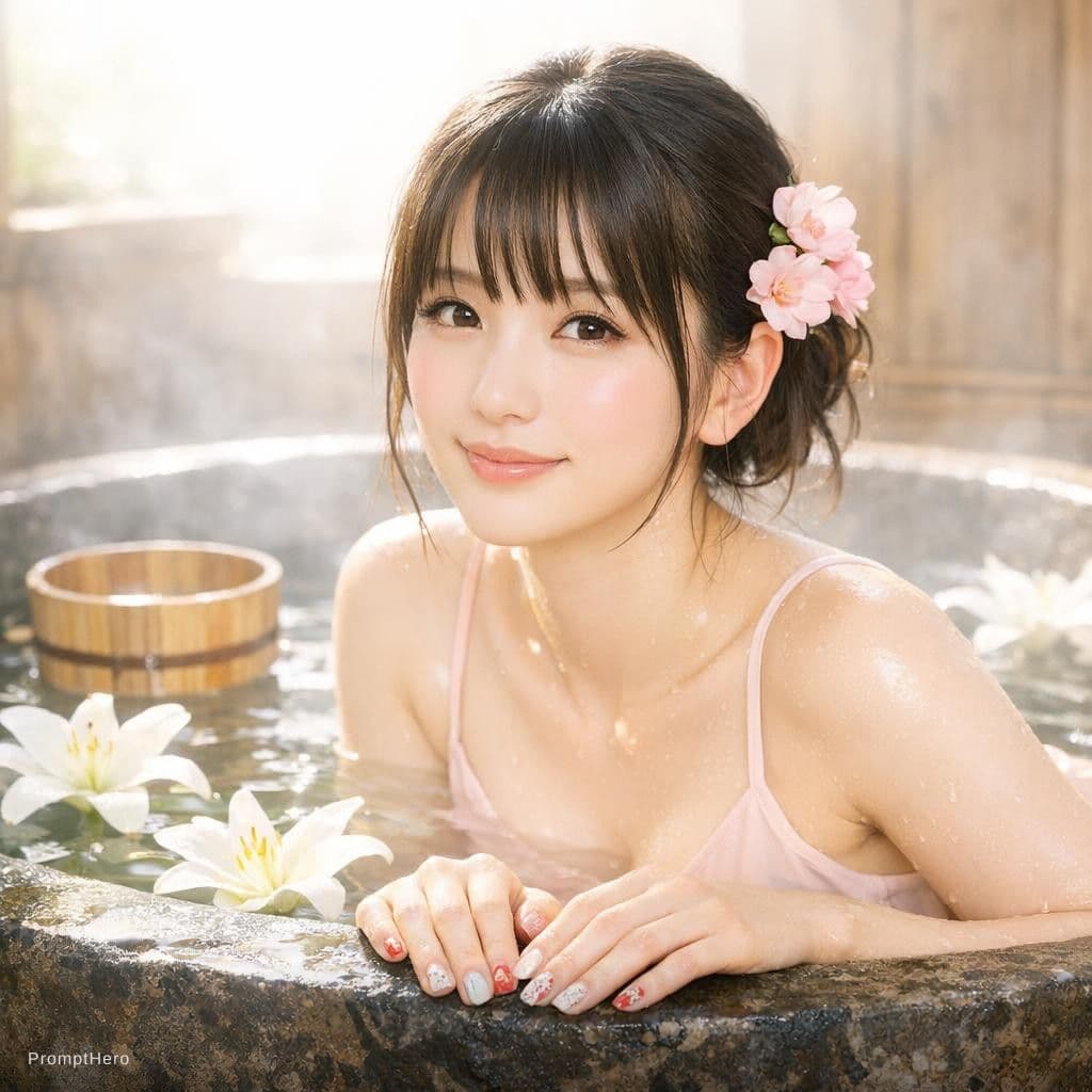 AI generated: A high-quality, photorealistic portrait of a beautiful young Asian woman soaking in a large, dark ru...