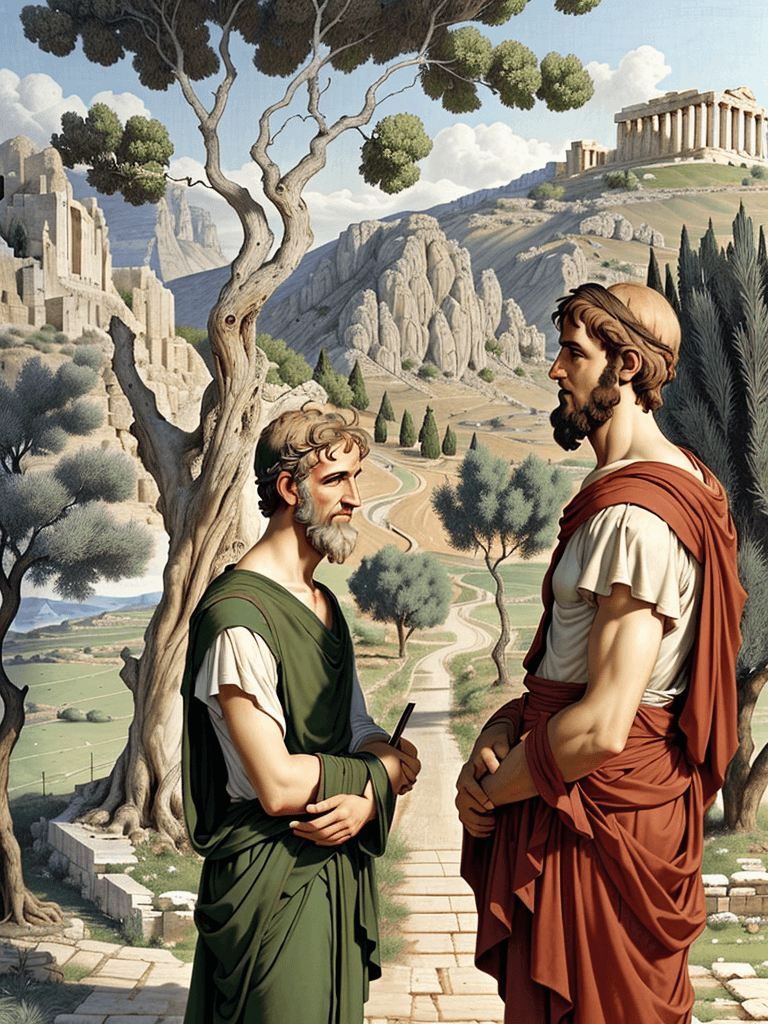 AI generated: Full height side view Portrait of only two men: young philosopher Aristotle talking to an older phil...