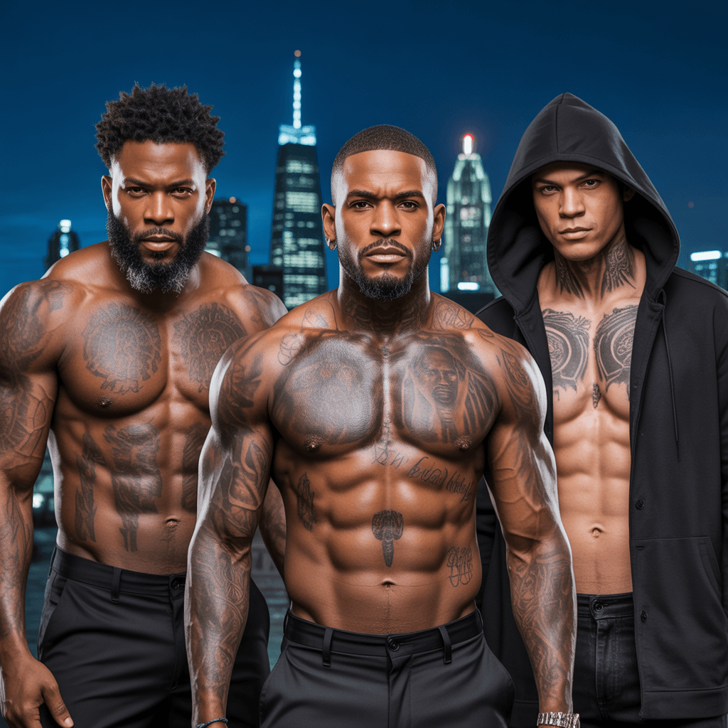 AI generated: Create a hyper-realistic, cinematic image of three Black men with powerful, street-legend energy, st...
