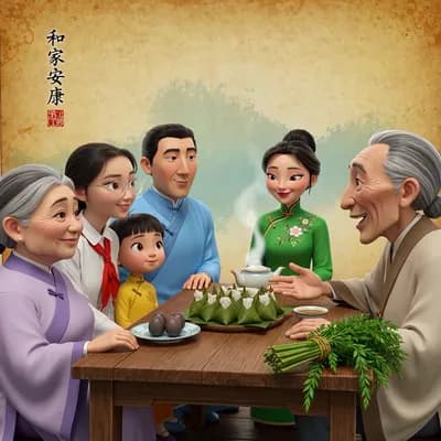 AI generated video: Create a video in 3D pixar style, Six people are gathered around a wooden table with zongzi (sticky ...