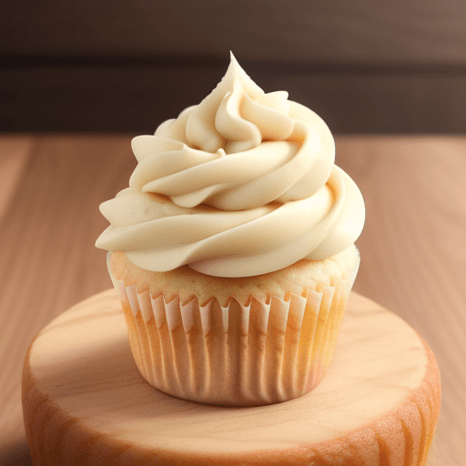 AI generated: a vanilla cupcake on a   have chip  on top of it,
wooden table,